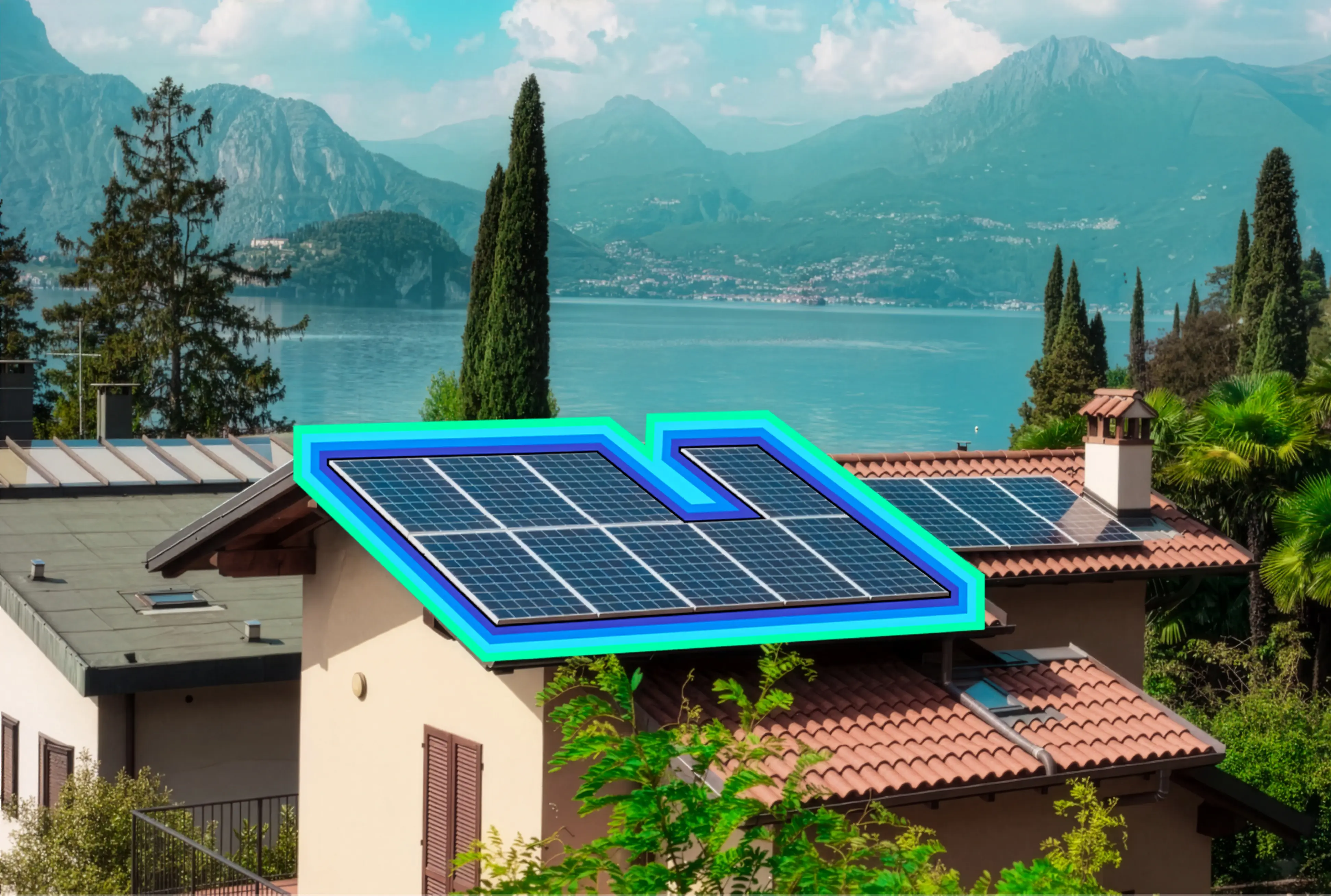 Casa sul lago con pannelli fotovoltaici sul tetto