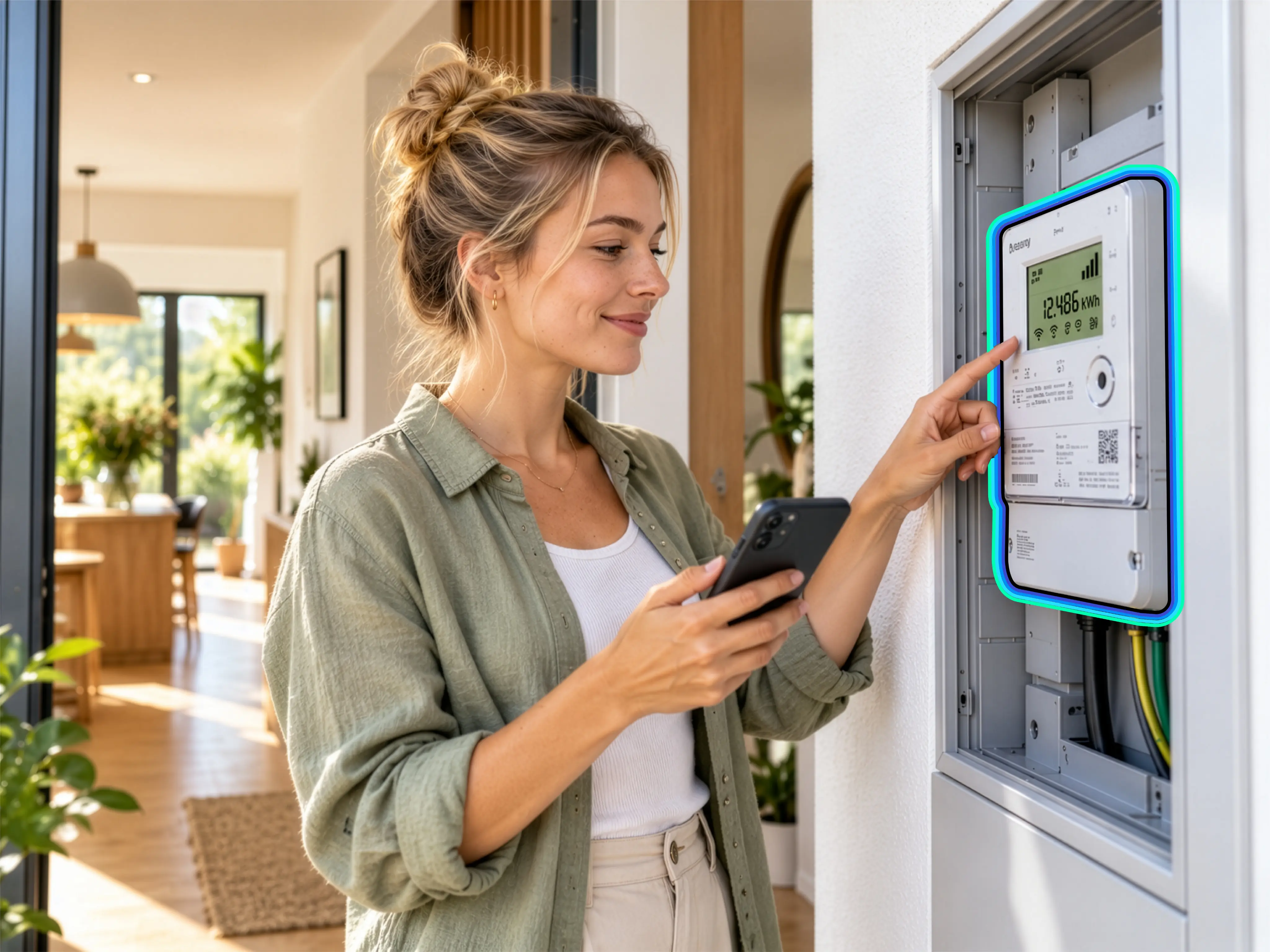 Donna con lo smartphone che controlla il contatore elettrico di casa