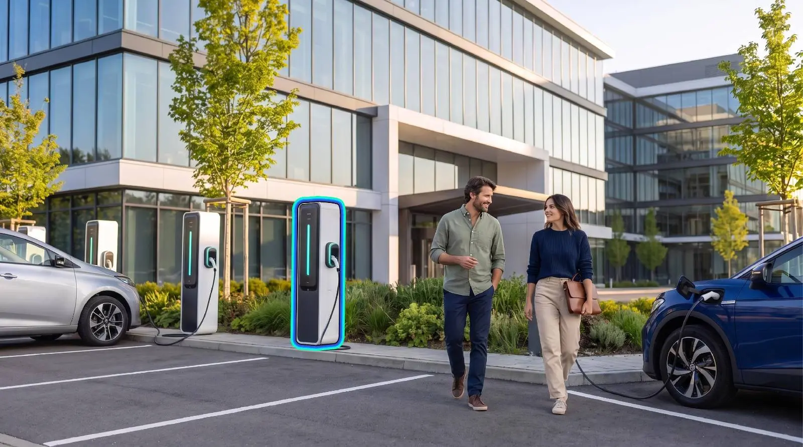 Donna sorridente che ricarica un'auto elettrica