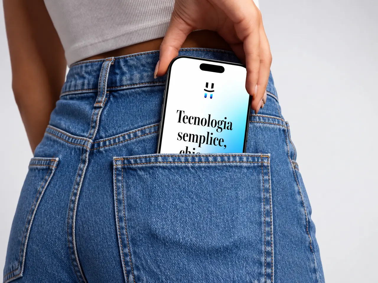 Hand slipping a smartphone with the Horbite app into a jeans pocket